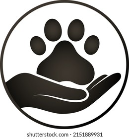 Grooming and pet care. Pet paw symbol in hand