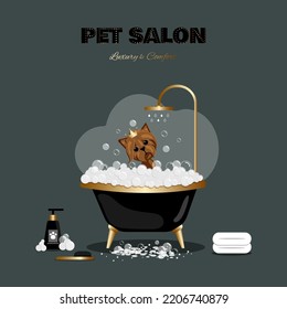 Grooming pet salon. Cheerful dog bathing in the bathroom. Dog illustration for grooming salon pet grooming luxury golden design, gold