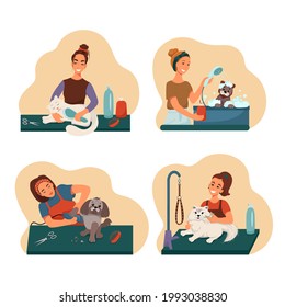 Grooming pet set, groomers wash groomed dogs and cats, vector collection of illustrations in flat style.