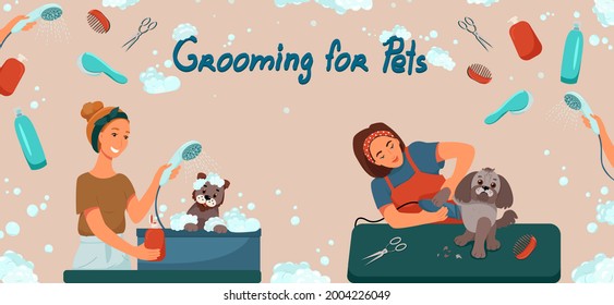 Grooming for pets banner. Salon for dogs. Template for web page design. Vector illustration in flat style.