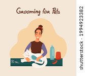 Grooming for pets, girl combs a cat, vector illustration in flat style