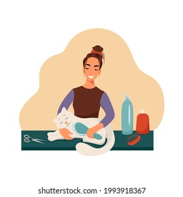 Grooming for pets, girl combs a cat, vector illustration in flat style.