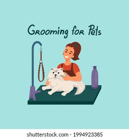 Grooming for pets, girl shears a dog, vector illustration in flat style, cartoon.