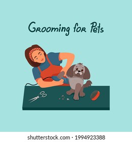 Grooming for pets, girl shears a dog, vector illustration in flat style, cartoon.