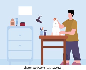 Grooming salon barber brushing dogs fur, cartoon vector illustration. Background showing grooming salon interior with groom master brushing and cleaning coat of dog.