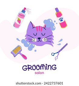 Grooming salon. Cute bathing cat in flat cartoon style. Slicker brush, blending scissors, shampoo for pet grooming. Vector logo design with handwritten typography for branding, banner, postcard