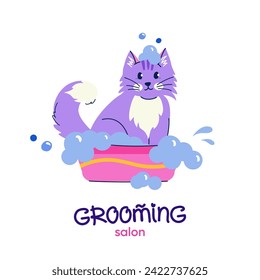 Salón de cultivo. Un bonito gato de baño con dibujos animados planos. Diseño de logotipo vectorial con tipografía escrita a mano para marca, banner, afiche, postal. Concepto de preparación de mascotas