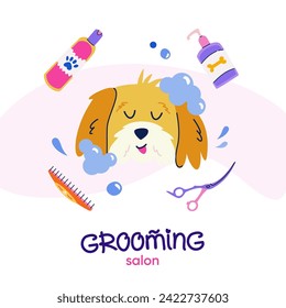 Salón de cultivo. Perro de baño alegre y con estilo de dibujos animados. Acondicionador de perros, tijeras curvadas, champú para la crianza de mascotas. Diseño de logotipo vectorial con tipografía manuscrita para banner, afiche, postal