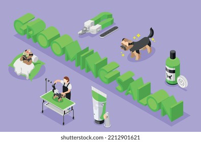 Fondo isométrico de salón de cultivo con composición de 3d recortes de texto y lavado iconos de mascotas y herramientas ilustración vectorial