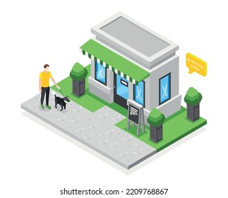 Grooming Salon Isometric Composition With Outdoor View Of House With Storefront Thought Bubble Man And Dog Vector Illustration