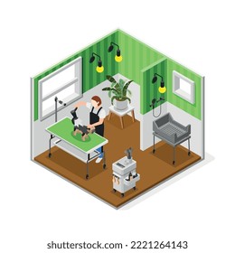 Grooming salon isometric composition with room interior view tools and appliances and female specialist examining dog vector illustration