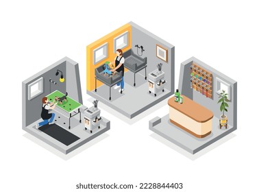 Composición isométrica del salón de cultivo de tres plataformas que representan diferentes salas de salón de belleza para mascotas servicio veterinario ilustración vectorial