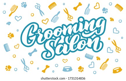 Grooming salon lettering for your business. Logo for dog hair salon, dog styling and grooming shop, store for pets. Hand draw vector illustration EPS 10 