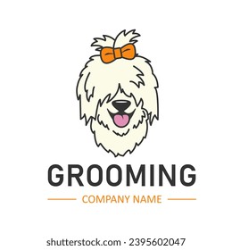 Grooming salon logo design with Face or head of fluffy Dog. White dog or puppy with long hair. Vector icon illustration isolated on white background.