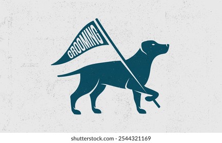 Grooming Salon - Logo, Plakatkonzept. Logo von Haustier Bräutigam mit Hund und Flagge Silhouette. Logo-Vorlage für Dog Grooming. Grunge-Textur. Vektorgrafik