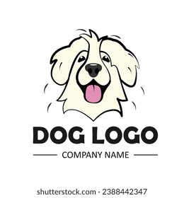 Grooming salon, pet shop, vet clinic logo design with Dog head. Fluffy Dog face with text. White dog or puppy with long hair. Vector icon illustration isolated on white background.