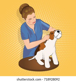 Grooming salon for pets. Fox Terrier Master Salon is hair care. The grummer holds a cutting tool in his hand. Orange background in retro pop art style for comics. Vector illustration.
