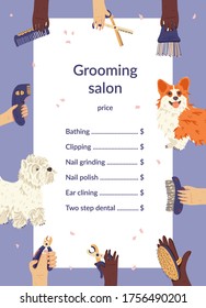 Grooming salon price list template flat vector illustration. West Highland White Terrier or Westie and Pembroke Welsh Corgi with groomers hands around. Pet care tools.