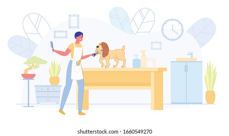 Grooming Salon Service Flat Cartoon Vector Illustration. Woman Shearing or Trimming Dog. Smiling Young Girl Charcter Doing Haircut for Puppy. Interior with Accessories for Groomer.