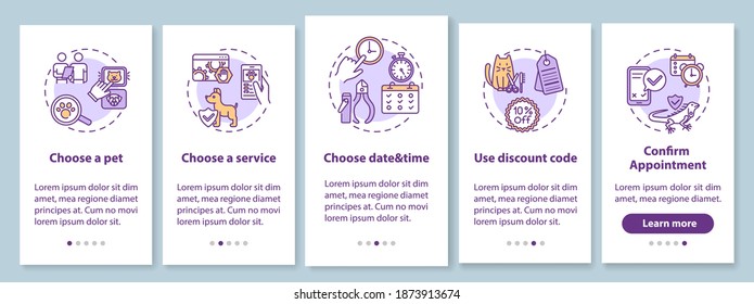 Grooming salon services app onboarding mobile app page screen with concepts. Animal veterenary service ideas walkthrough 5 steps graphic instructions. UI vector template with RGB color illustrations