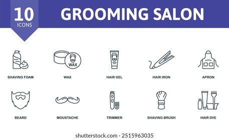 Grooming Salon thin line icon set. Shaving Foam, Wax, Hair Gel, Hair Iron, Apron, Beard, Moustache, Trimmer, Shaving Brush Hair Dye icons.