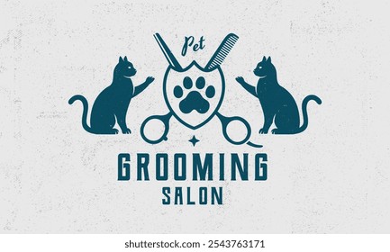 Grooming Salon - vintage logo concept. Logo of Pet Groom, Barber with Cats and scissors silhouettes. Cat Grooming logo template. Grunge texture. Vector illustration