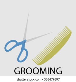 Grooming scissors and comb. Dog grooming, man grooming,  pet grooming, male grooming, mens grooming, salon hair, beauty and cut, tool for barber, care fashion. Vector abstract flat design illustration