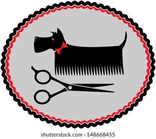 grooming scottish terrier with red bow and scissors
