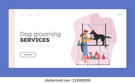 Grooming Service for Animals Landing Page Template. Hairdresser Female Character Cutting Dogs Talons with Clippers in Salon, Groomer Woman Work with Puppy. Cartoon People Vector Illustration