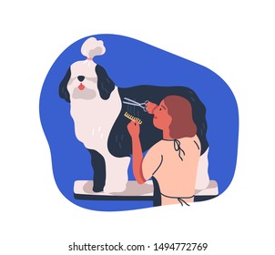 Grooming service flat vector illustration. Dog groomer cutting animal fur with scissors. Girl care for pet cartoon character. Smiling dog stylist at work. Animal clinic, pet salon isolated clipart.