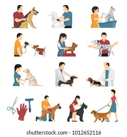 Grooming service vet dogs set of isolated flat image compositions of human characters with pets vector illustration