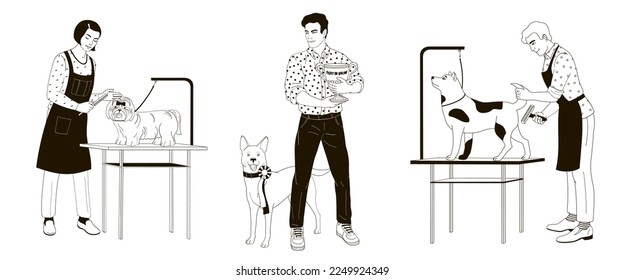Grooming Services Specialists preparing pets for dog show, man with cup best in show and his dog, black and white linear vector illustration