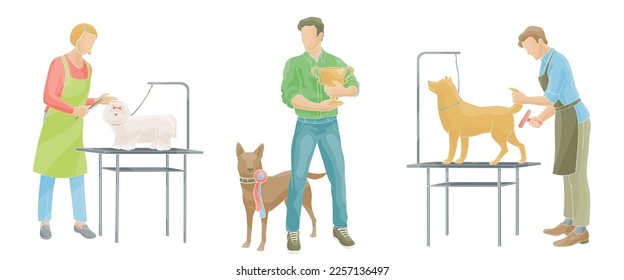 Grooming Services Specialists preparing pets for dog show, man with cup best in show and his dog, color vector illustration