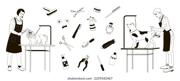 Grooming Services Specialists working with dogs. Set of pet grooming tools.Black and white vector illustration