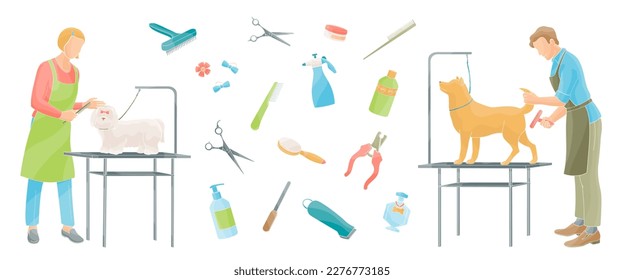Grooming Services Specialists working with dogs. Set of pet grooming tools.Color vector illustration