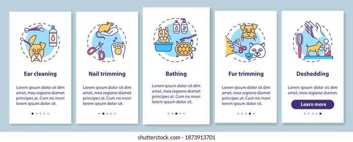 Grooming services escribe en la pantalla de la página de aplicaciones móviles con conceptos. Recorrido de ideas de la tienda de atención de salud animal a través de 5 pasos de instrucciones gráficas. plantilla de vector de interfaz de usuario con ilustraciones de color RGB