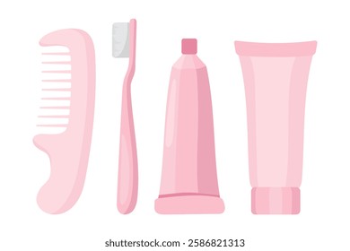 Grooming set icon. Comb, toothbrush, toothpaste, and cosmetic tube. Essentials for hygiene and personal care