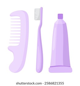 Grooming set icon. Comb, toothbrush, and toothpaste tube. Essential personal care items for hygiene and daily routine.