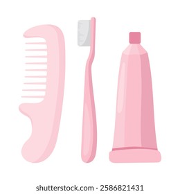 Grooming set icon. Comb, toothbrush, and toothpaste. Personal hygiene and daily care essentials for hair and dental health.