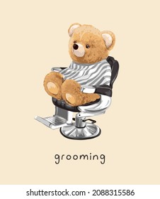 slogan de grooming con muñeco de oso lindo sentada en una ilustración vectorial de una silla de barbero