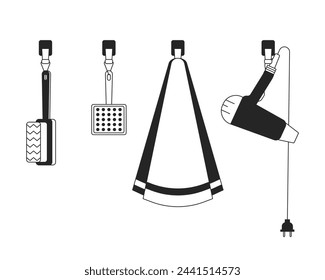Grooming studio tools black and white 2D line cartoon objects set. Professional groomer instruments isolated vector outline items collection. Animal spa service monochromatic flat spot illustrations