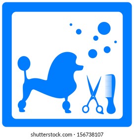 grooming symbol with poodle, scissors, comb and shampoo bubbles 