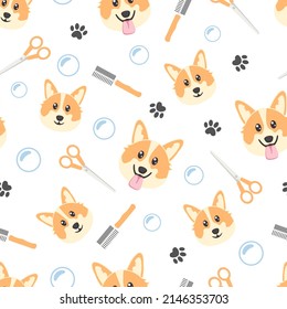 Grooming tools and corgi head seamless pattern on white background