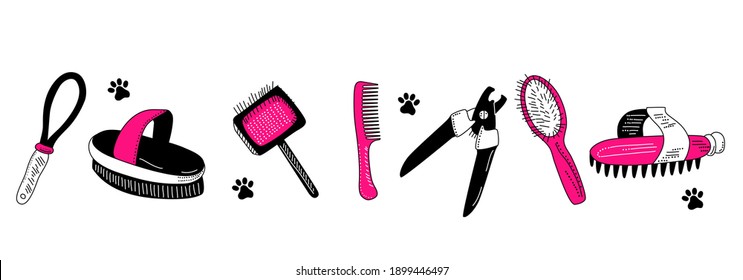 Grooming tools for dog`s fur and nails care.Vector set in doodle style.Glamour vet equipment.Clipping,combing and washing. Online pet shop.Goods for domestic animal.Salon at home.Pink and black