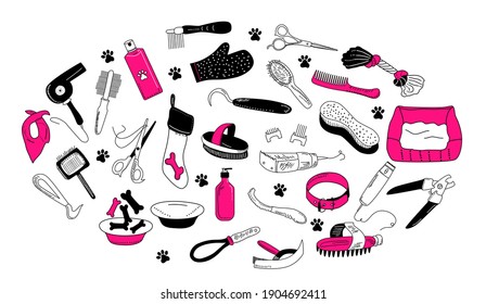Grooming tools for dog`s fur and nails care.Vector set in doodle style.Outline vet equipment.Online pet shop or store.Ordering goods for domestic animal from flat.Salon at home.Glamour.Pink and black.