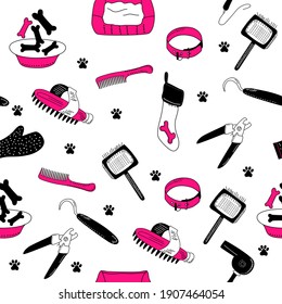 Grooming tools for pelt, fur and nails care.Vector seamless pattern in doodle style.Outline vet equipment.Online pet shop or store.Salon at home.Glamour.Pink and black.Hygiene and beauty. Vector