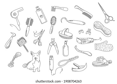 Grooming tools for pelt, fur and nails care.Vector seamless pattern in doodle style.Outline vet equipment.Print for pet shop or store.Ordering goods for domestic animal from home.Hygiene and beauty