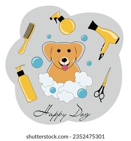 Grooming vector illustration. Happy dog in foam.