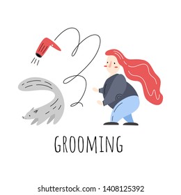 Grooming. Vector illustration with woman, dog and hair dryer. Flat
