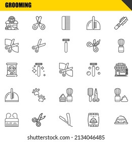grooming vector line icons set. pet shop, comb and cat food Icons. Thin line design. Modern outline graphic elements, simple stroke symbols stock illustration
